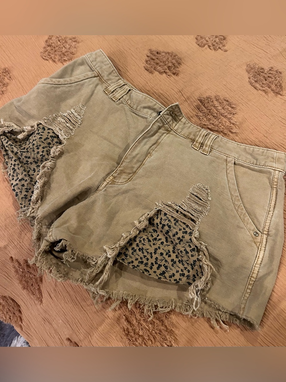 Pilcro Tan Distressed Denim Shorts with Floral Inset